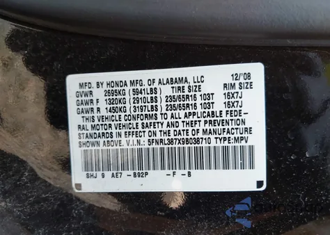 2009 Honda Odyssey Ex-L from USA, damaged, VIN 5FNRL387X9B038710